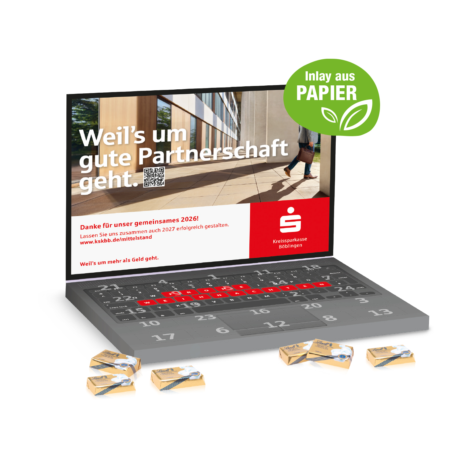 Adventskalender "Laptop" mit Lindt Schokolade, Inlay aus Papier