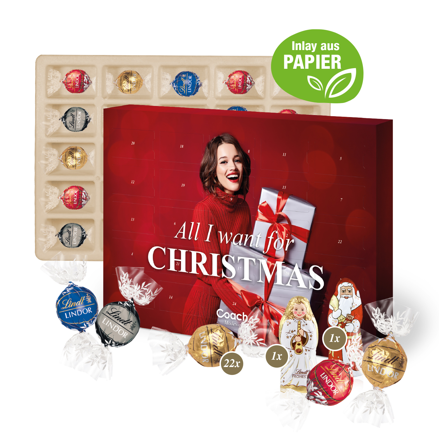 Adventskalender Lindt Lindor mit Santa & Engel, Inlay aus Papier