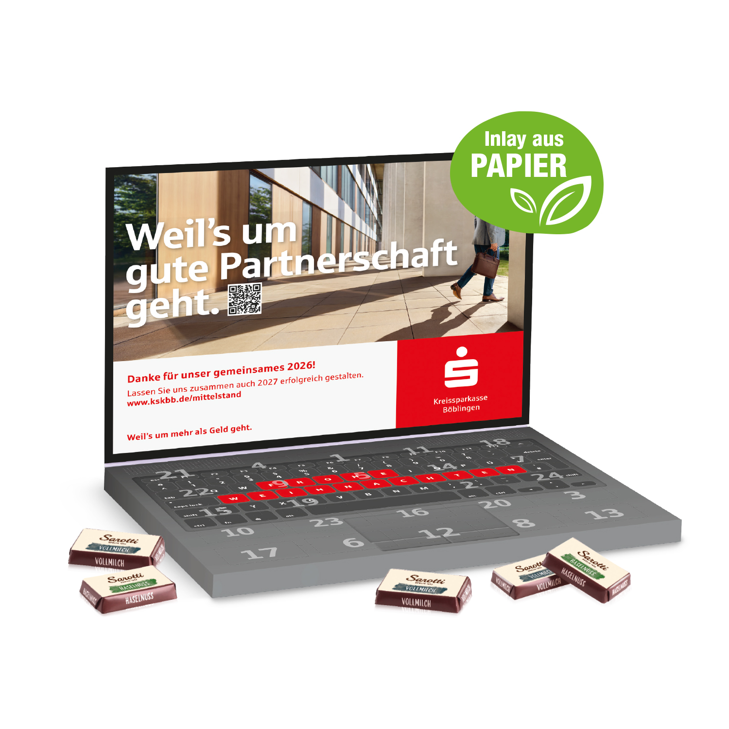 Adventskalender "Laptop" mit Sarotti Fairtrade® Schokolade, Inlay aus Papier