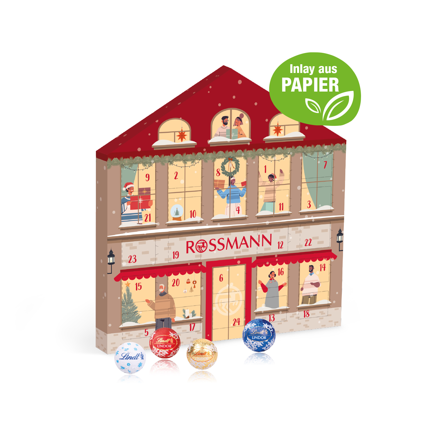 Adventskalender Weihnachtshaus "Exklusiv" mit Lindt Minis, Inlay aus Papier