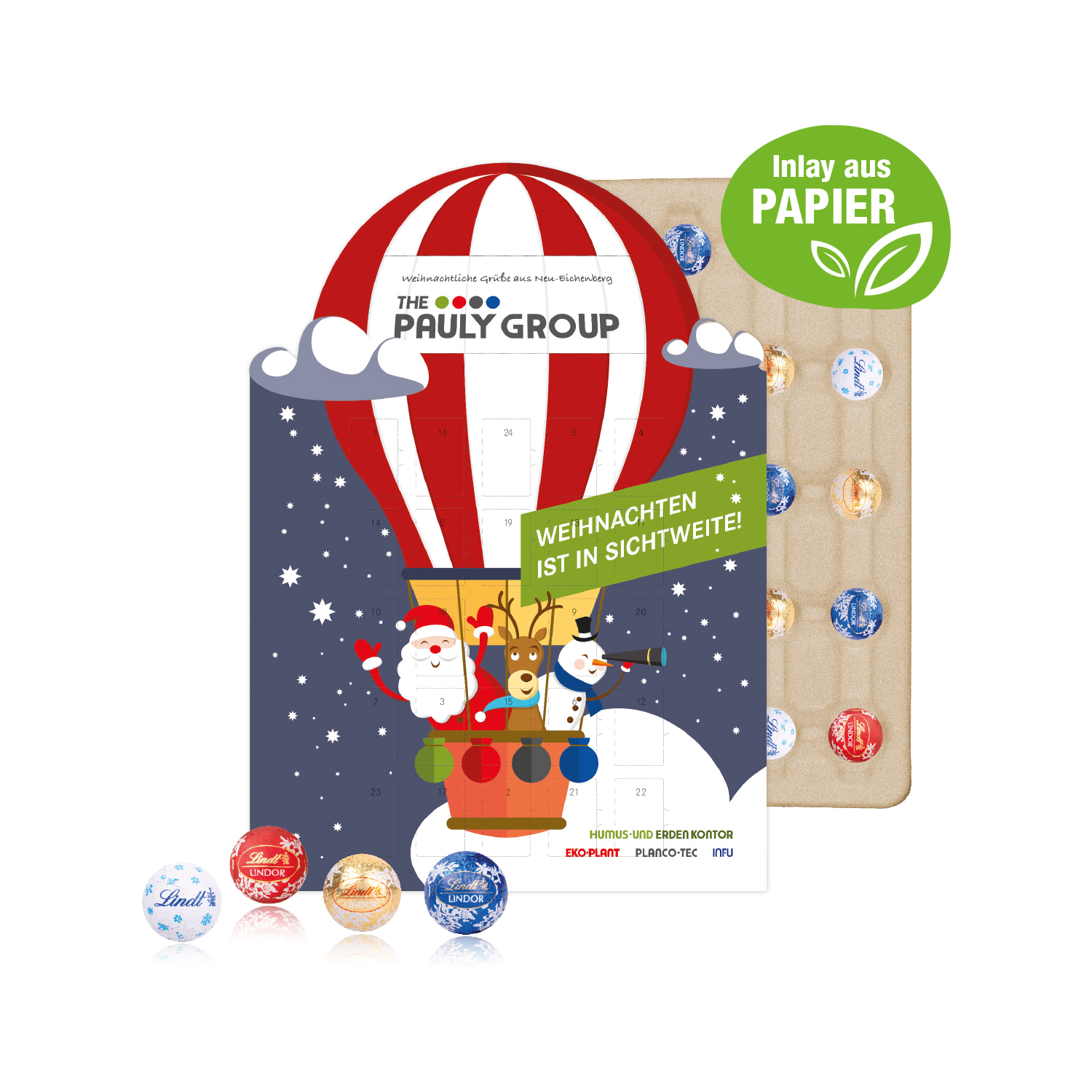 Adventskalender "individuelle Kalenderform" mit Lindt Schokolade, Inlay aus Papier