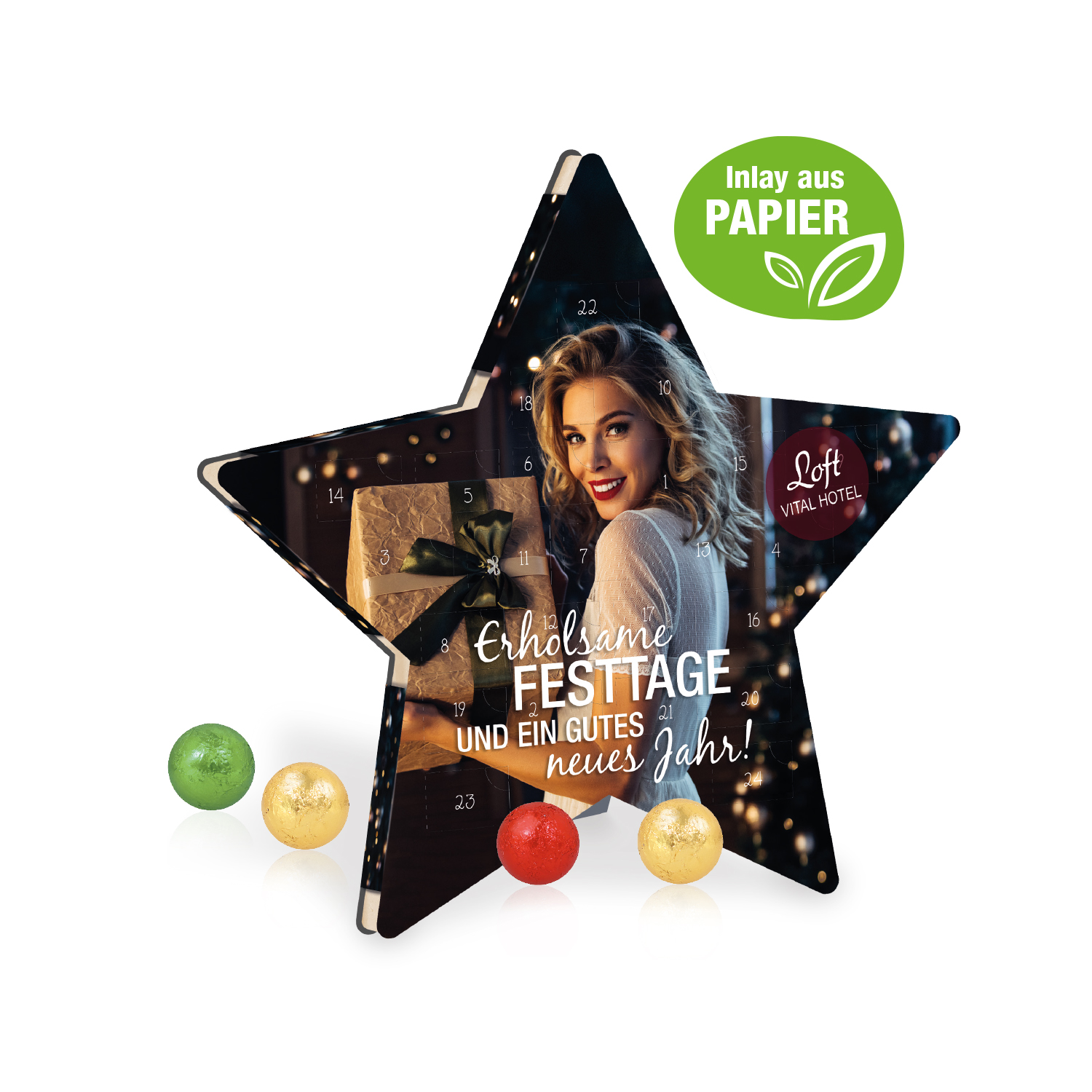 Adventskalender "Stern" mit Fairtrade® Schokolade, Inlay aus Papier