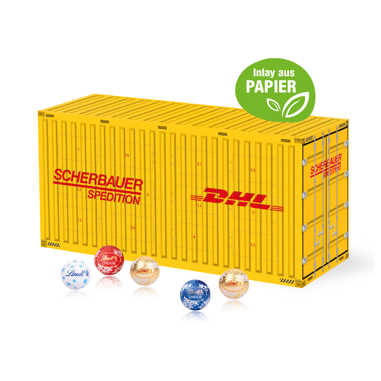 3D Adventskalender "Container" mit Lindt Schokolade mit Papier-Inlay