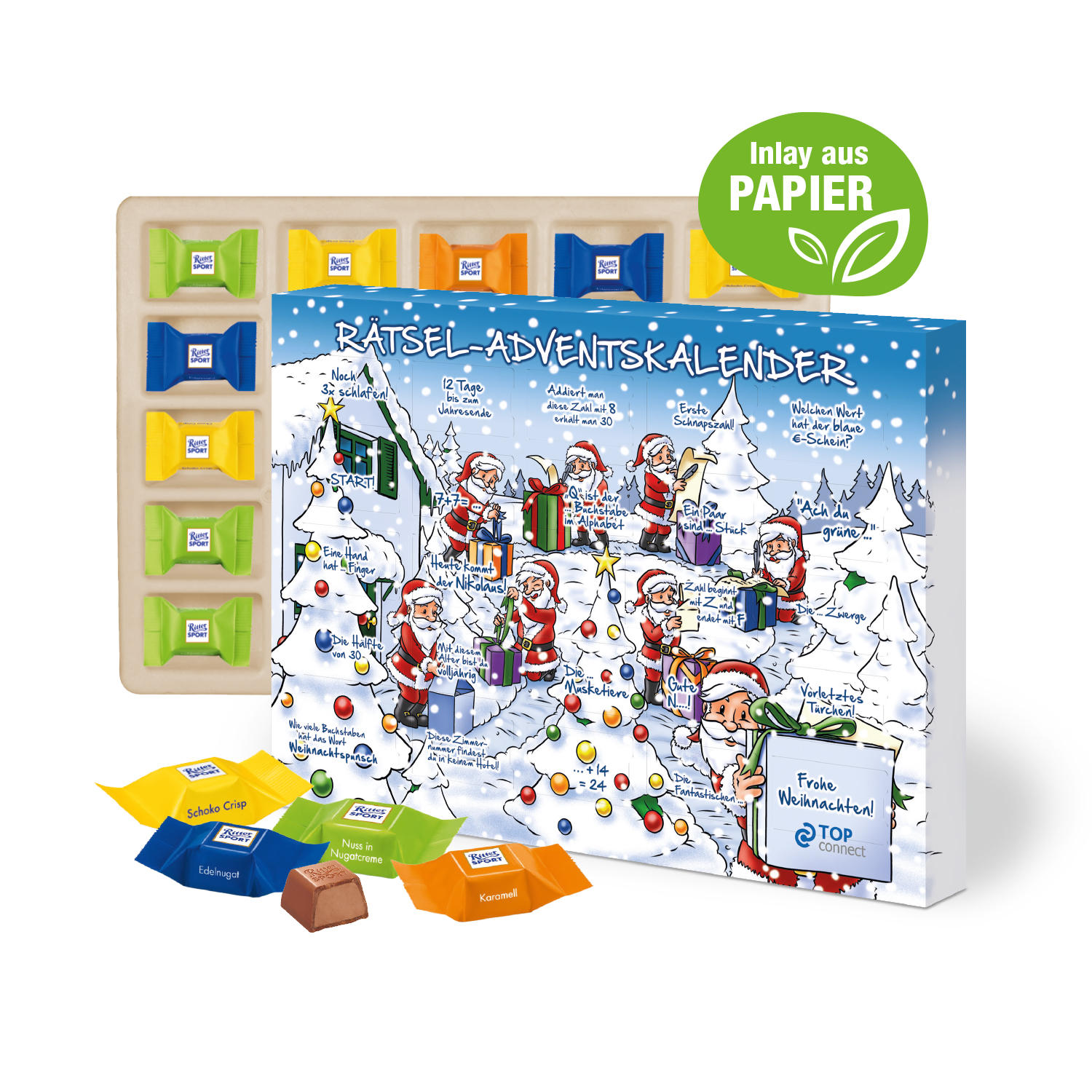 Adventskalender mit Ritter SPORT Schokowürfel, Inlay aus Papier