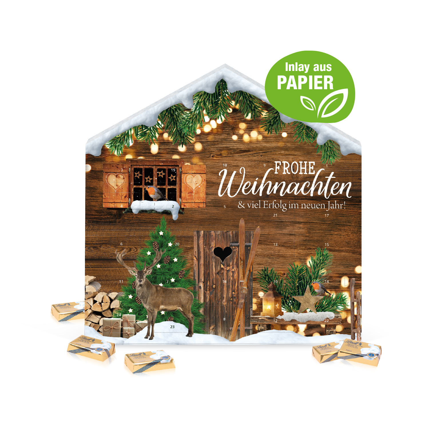 Adventskalender Weihnachtshaus "Exklusiv" mit Lindt Schokolade, Inlay aus Papier