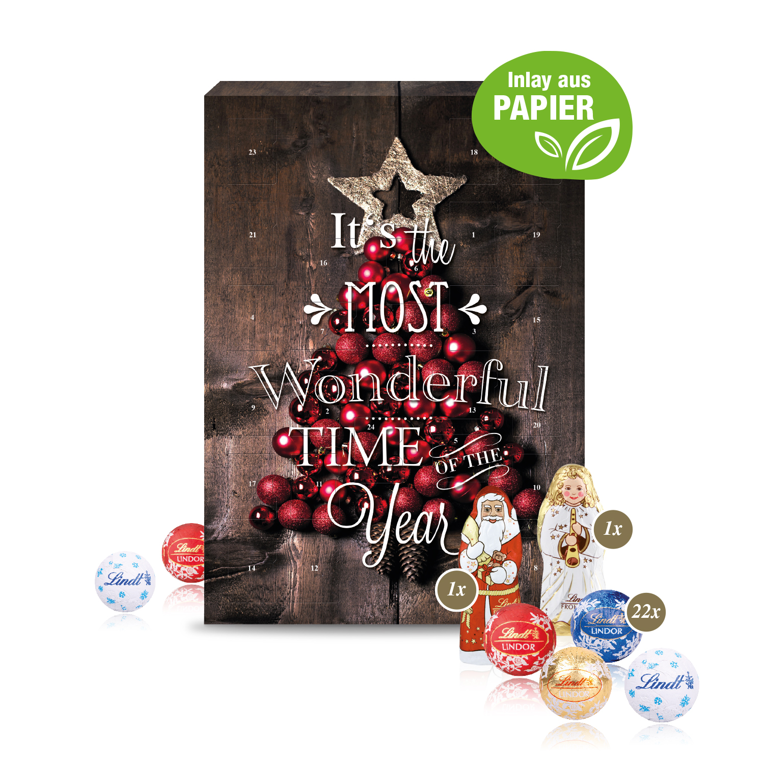 Adventskalender mit Lindt Mix und Gutschein-Option, Inlay aus Papier