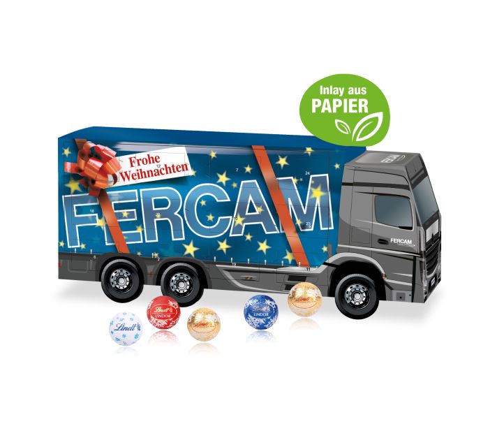 3D-Adventskalender in LKW-Form gefüllt mit Lindt Schokolade mit recyclingfähigem Papier-Inlay individuell mit Firmenlogo bedruckt – als wertschätzendes Mitarbeitergeschenk zu Weihnachten