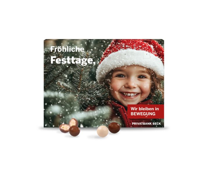 Wand-Adventskalender zum Aufhängen gefüllt mit Brandt Knusperkugeln – als hochwertiges Kundengeschenk zur Weihnachtszeit individuell bedruckt