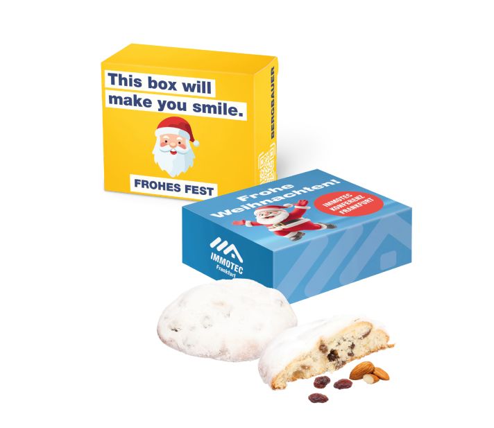Weihnachts-Werbegeschenk mit Stollen-Cookie individuell mit Firmenlogo bedruckt – als festliches Mitarbeitergeschenk mit Firmenlogo