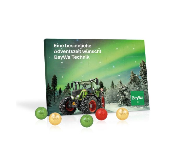 Individuell bedruckter Tisch-Adventskalender gefüllt mit Fairtrade-Milchschokolade – als hochwertiges Kundengeschenk zur Weihnachtszeit