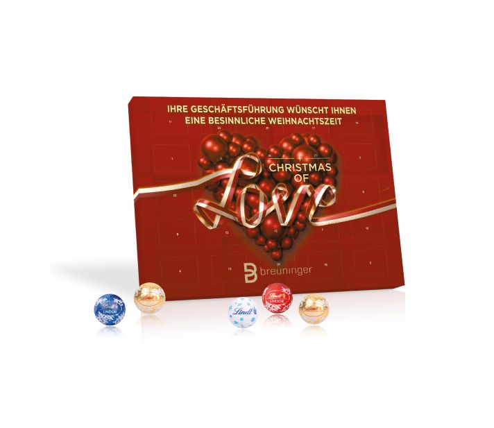 Individuell bedruckter Tisch-Adventskalender gefüllt mit Lindt Schokolade – als wertschätzendes Mitarbeitergeschenk zu Weihnachten