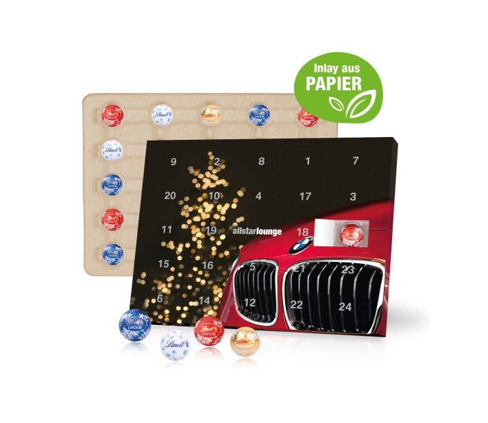 Individuell bedruckter Tisch-Adventskalender gefüllt mit Lindt Schokolade mit recyclingfähigem Papier-Inlay – als wertschätzendes Mitarbeitergeschenk zu Weihnachten