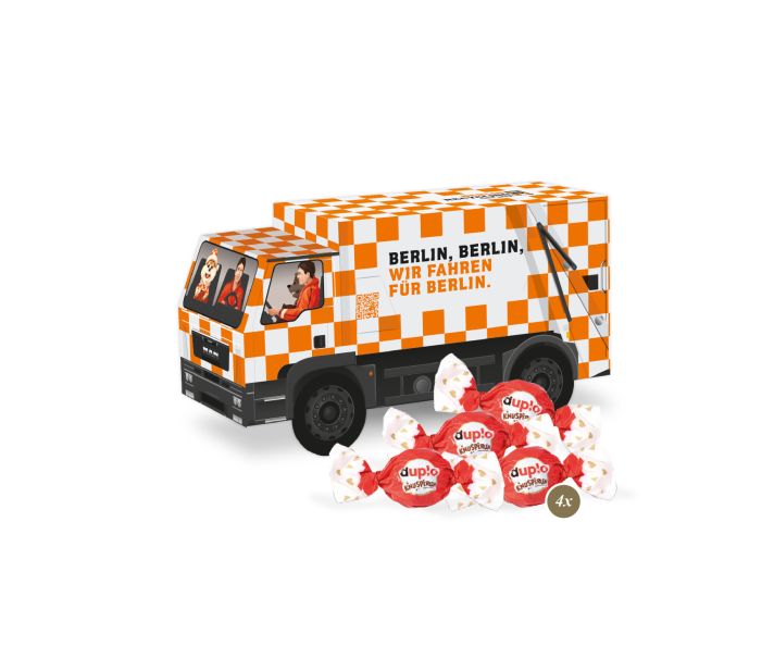 3D-Weihnachtspräsent in LKW-Form mit duplo Knusperperlen individuell mit Firmenlogo bedruckt und als Geschenk für Kunden und Mitarbeiter geeignet – als hochwertiges Kundengeschenk zur Weihnachtszeit