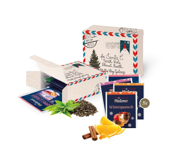 Weihnachtspräsent in einer Werbebox mit Meßmer Tee als individuelles Firmengeschenk für Kunden und Mitarbeiter mit Logo-Aufdruck – als persönliches Kundengeschenk mit nachhaltiger Werbewirkung