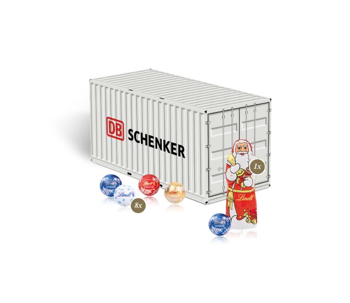 3D-Weihnachtspräsent in Container-Form mit Lindt Schokolade individuell gestaltet als weihnachtliches Werbepräsent – als Weihnachtspräsent für Kunden und Mitarbeiter