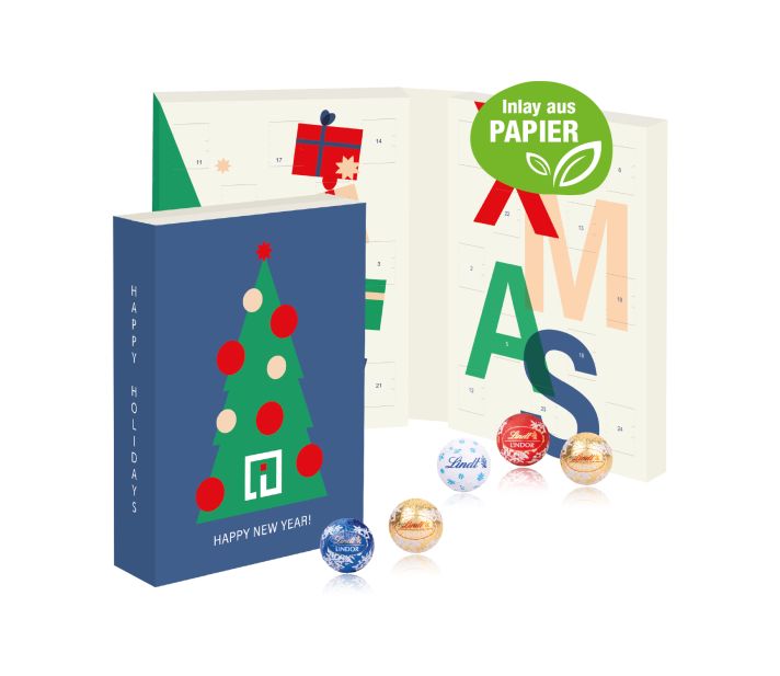 Adventskalender gefüllt mit Lindt Schokolade mit aufklappbarer Verpackung – als Werbegeschenk für Kunden und Mitarbeiter individuell bedruckt