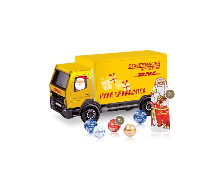 3D-Weihnachtspräsent in LKW-Form mit Lindt Schokolade mit individuellem Firmenlogo als hochwertiges Weihnachtsgeschenk für Geschäftspartner und Teams – als Werbegeschenk für Kunden und Mitarbeiter