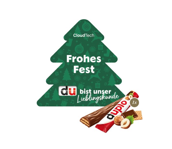 Weihnachtliche Werbekarte mit Weihnachtsbaum-Motiv mit duplo Schokolade mit individuellem Firmenlogo für geschäftliche Weihnachtsgrüße – als persönliches Kundengeschenk mit nachhaltiger Werbewirkung