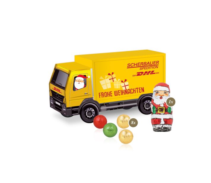 3D-Weihnachtspräsent in LKW-Form mit Fairtrade-Milchschokolade mit individuellem Firmenlogo als hochwertiges Weihnachtsgeschenk für Geschäftspartner und Teams – als festliches Mitarbeitergeschenk mit Firmenlogo