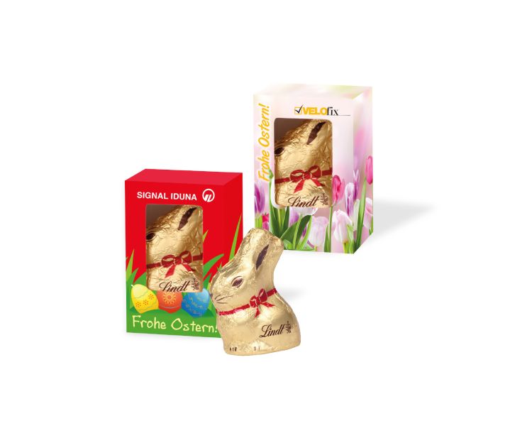 Werbekartonage mit Goldhase