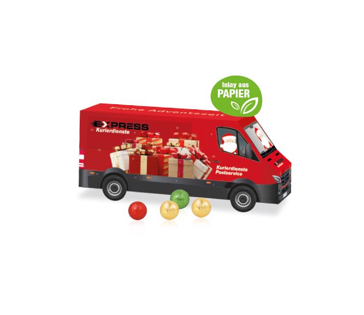 3D Adventskalender "Transporter" mit Fairtrade® Schokolade mit Papier-Inlay
