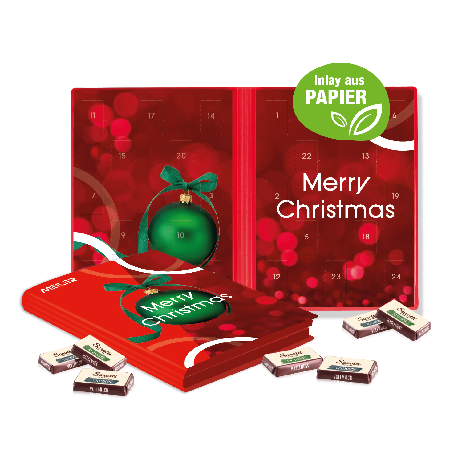 Adventskalender Weihnachtsbuch mit Sarotti Fairtrade® Schokolade, Inlay aus Papier